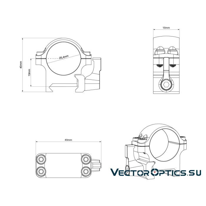 Быстросъемные кольца  Vector Optics 25,4мм, Weaver, Низкие H=19мм (XASR-SQ01)  