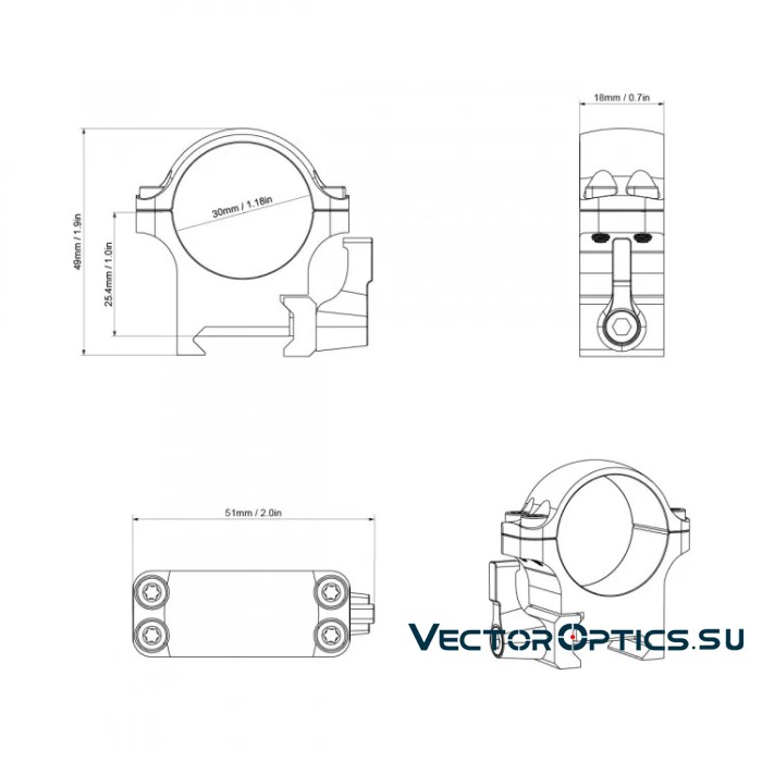 Быстросъемные кольца  Vector Optics 30мм, Weaver, низкие H=19мм, (XASR-SQ11)