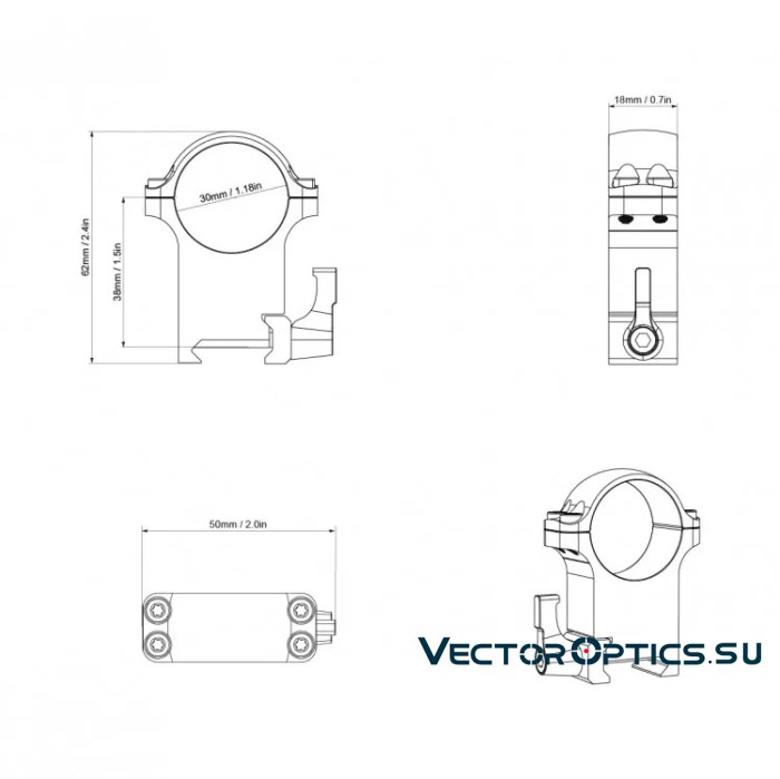 Быстросъемные кольца  Vector Optics 30мм, Weaver, высокие H=27мм (XASR-SQ13) 
