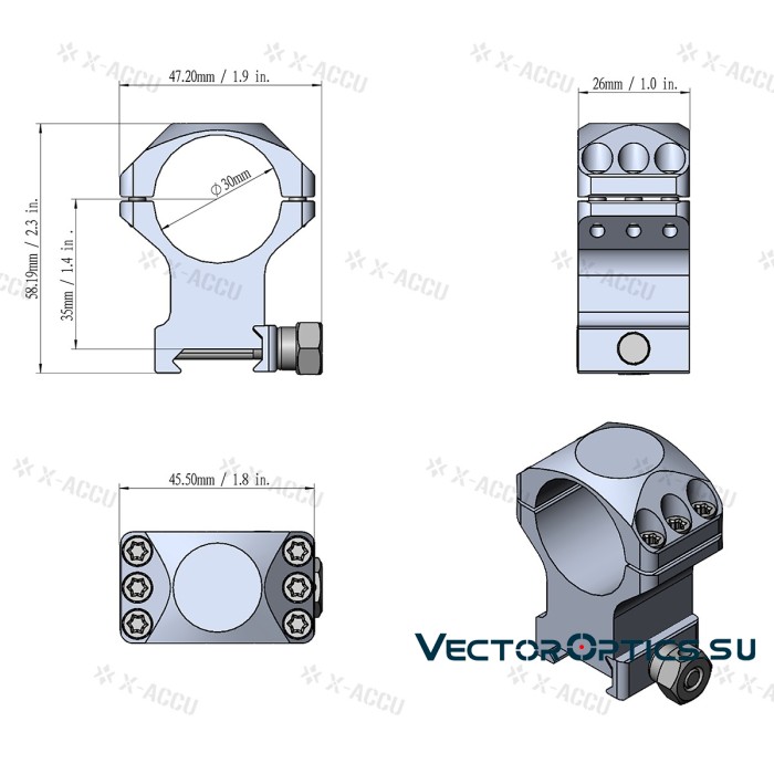 Кольца Vector Optics X-Accu 30мм BH=35мм Высокие на Picatinny/Weaver (XASR-3003)