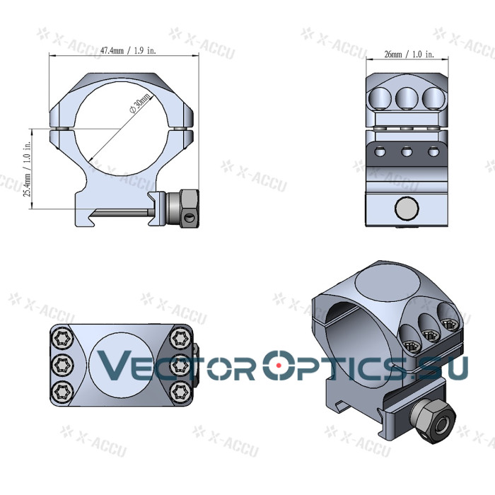 Кольца Vector Optics X-Accu 30мм BH=26мм Низкие на Picatinny/Weaver (XASR-3001)