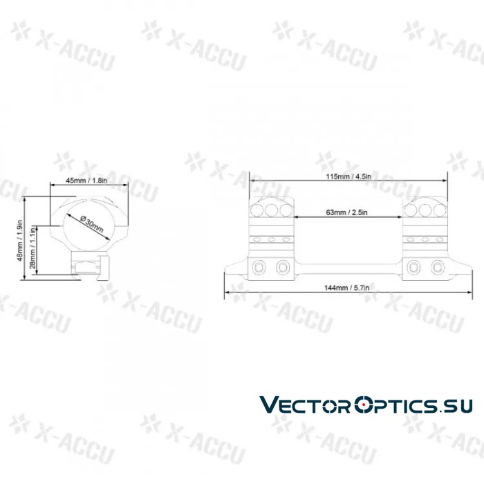 Кронштейн Vector Optics X-Accu 1.1" Low Profile 30мм на призму 11-12мм, база 144мм, низкий (h=13мм),6 винтов,чёрный,127г (XASR-3100)