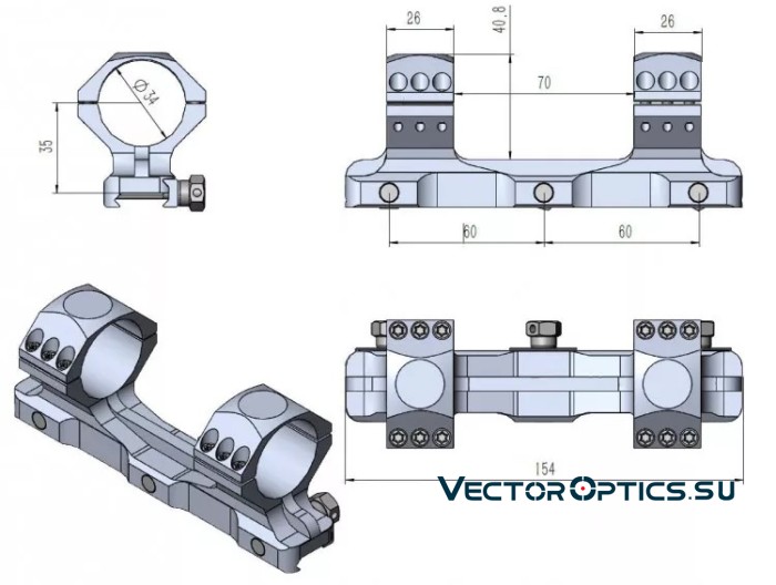 Кронштейн Vector Optics X-Accu 1.4" Medium Profile 34мм на Picatinny,база 154мм,средний (h=18мм),6 винтов,чёрный,250г (SCTM-60)