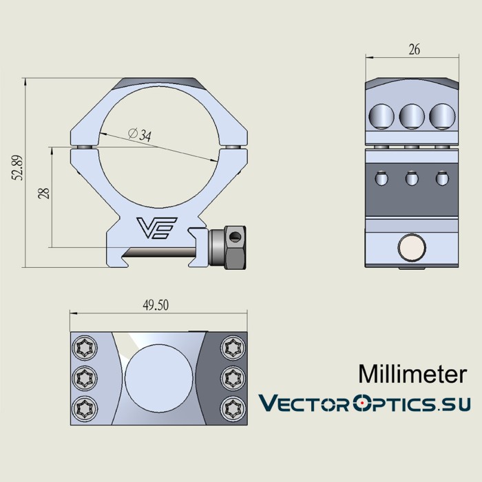 Кольца Vector Optics 34мм H=28мм,Низкие на Picatinny/Weaver (SCTM-52) 